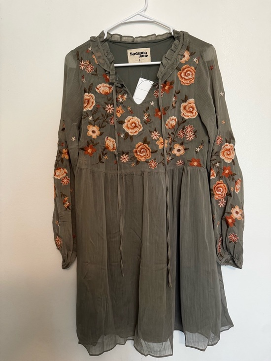 Savanna Jane Dresses & Skirts - Savanna Jane Olive Green Floral Embroidered Dress